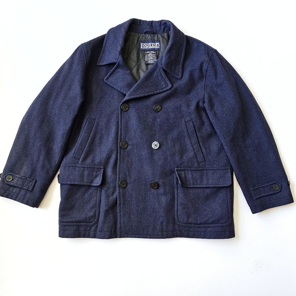 Lands’ End Men’s Wool Cashmere Peacoat XL Navy Blue Tiroler Loden VTG Classic